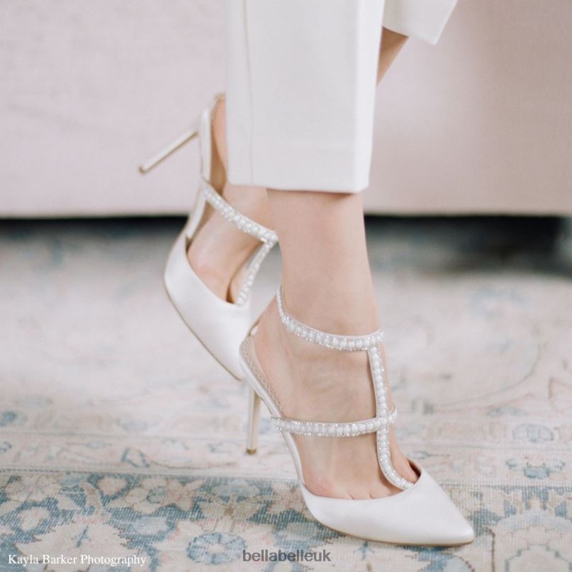 Bella Belle CAROLINA Ivory T-strap Heels with Crystals & Pearls 2680259