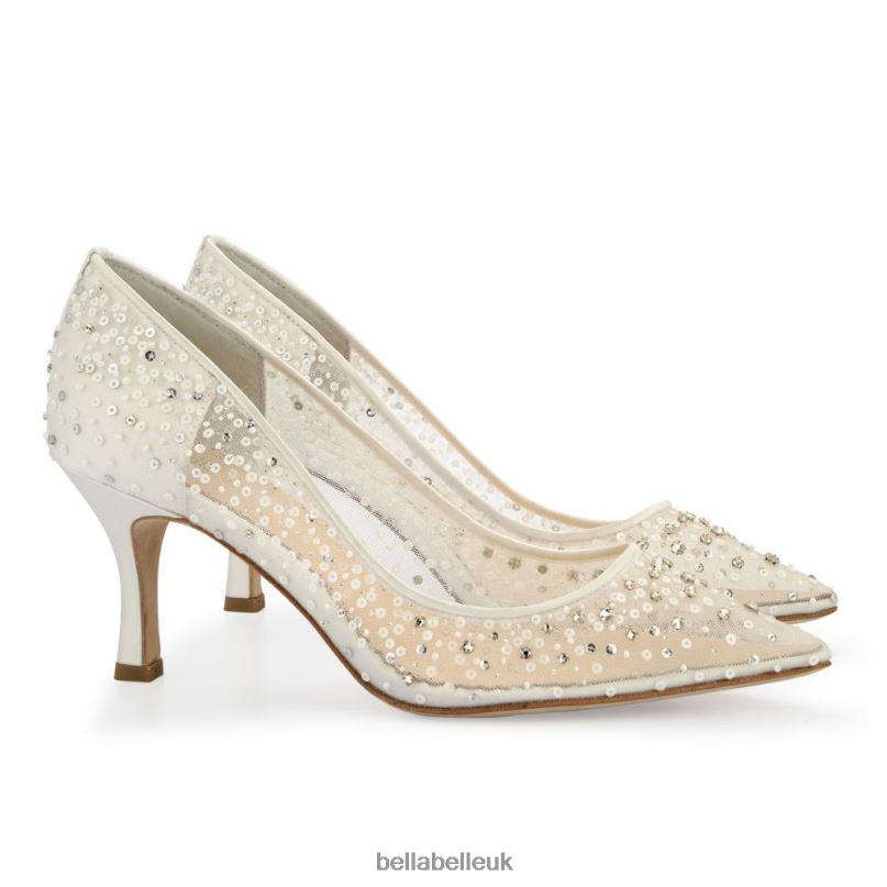 Bella Belle EVELYN IVORY Crystal & Sequin Illusion Mesh Sparkly Kitten Heels 2680241