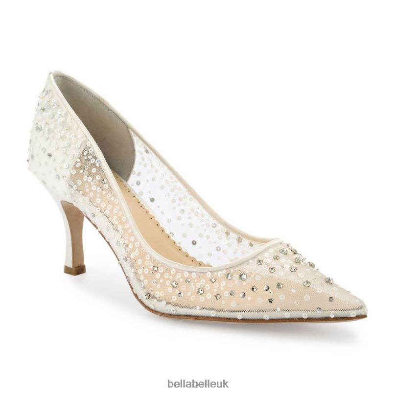 Bella Belle EVELYN IVORY Crystal & Sequin Illusion Mesh Sparkly Kitten Heels 2680241