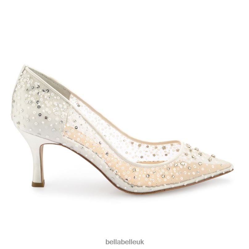 Bella Belle EVELYN IVORY Crystal & Sequin Illusion Mesh Sparkly Kitten Heels 2680241
