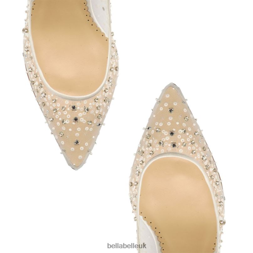 Bella Belle EVELYN IVORY Crystal & Sequin Illusion Mesh Sparkly Kitten Heels 2680241