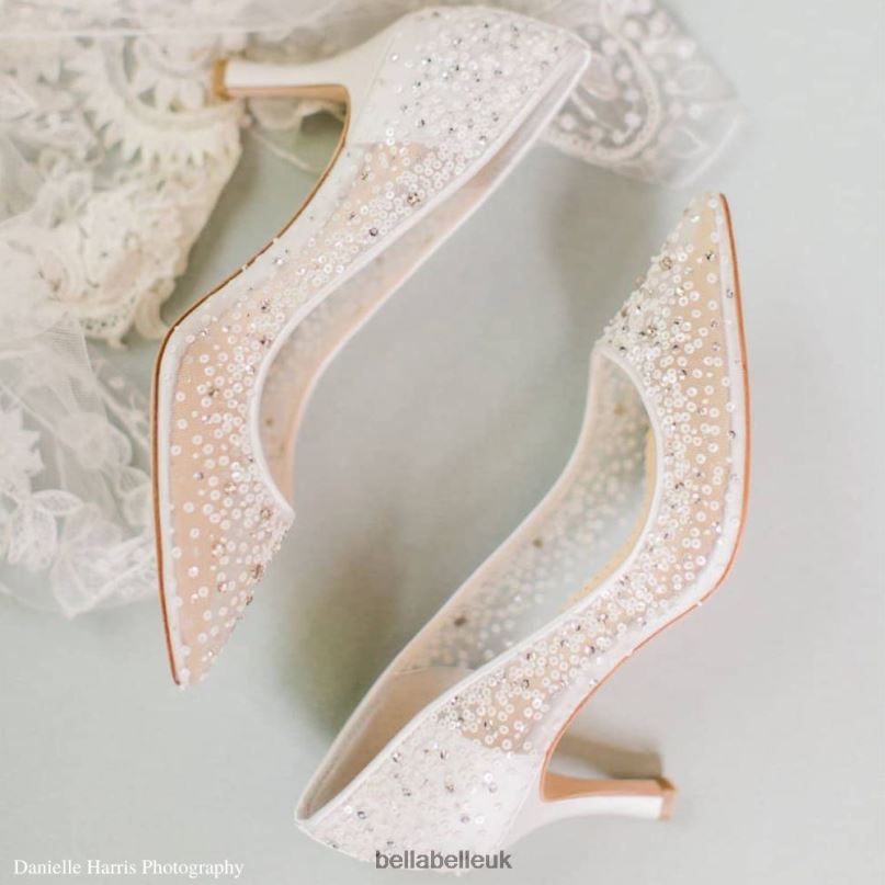 Bella Belle EVELYN IVORY Crystal & Sequin Illusion Mesh Sparkly Kitten Heels 2680241