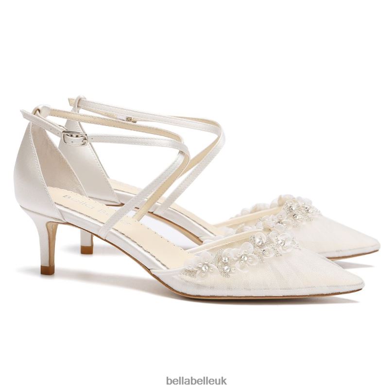 Bella Belle HARMONI Kitten Heel Crystal Trim Flower Organza Wedding Shoes 2680297