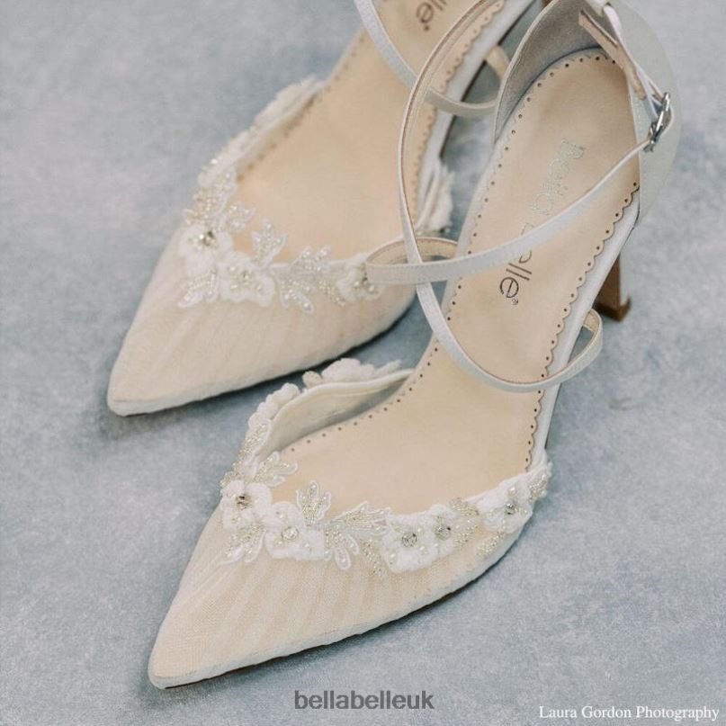 Bella Belle HARMONI Kitten Heel Crystal Trim Flower Organza Wedding Shoes 2680297