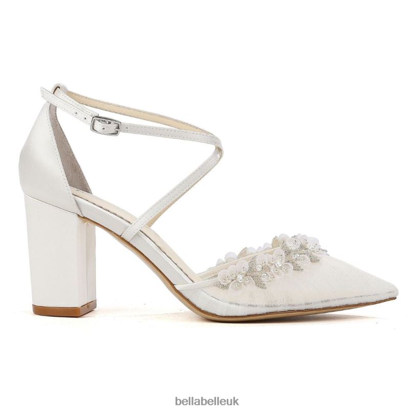 Bella Belle HEIDI Pleated Tulle Floral Trim Block Wedding Heels 2680288