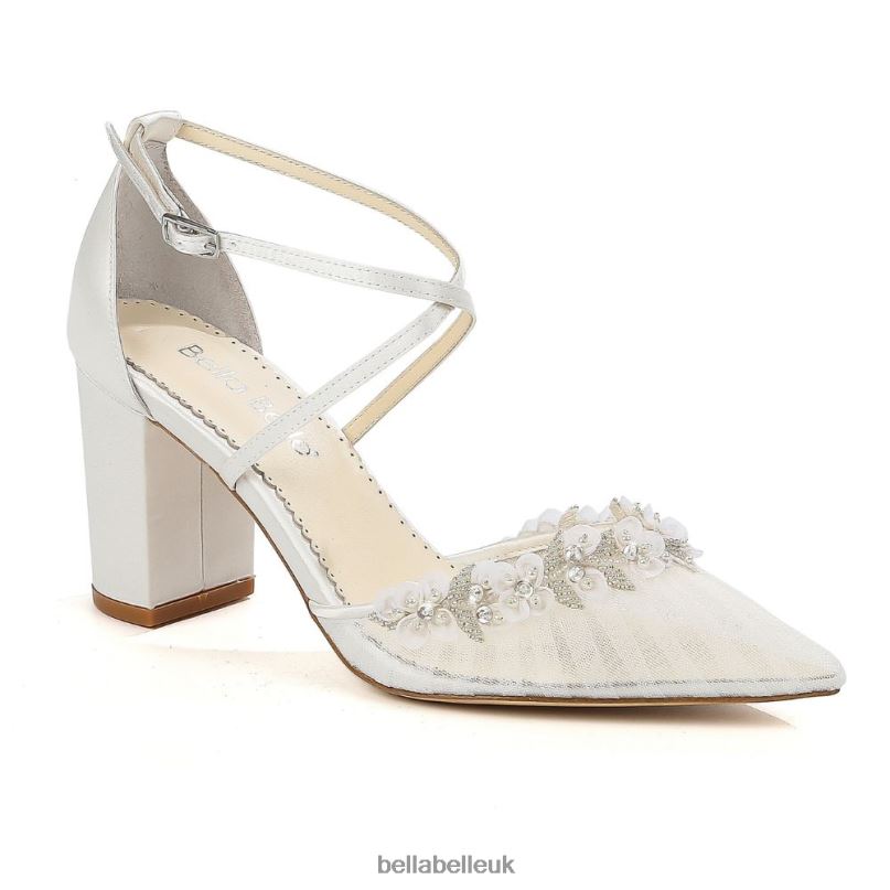 Bella Belle HEIDI Pleated Tulle Floral Trim Block Wedding Heels 2680288