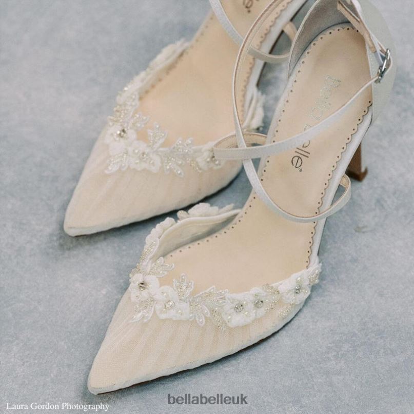 Bella Belle HEIDI Pleated Tulle Floral Trim Block Wedding Heels 2680288