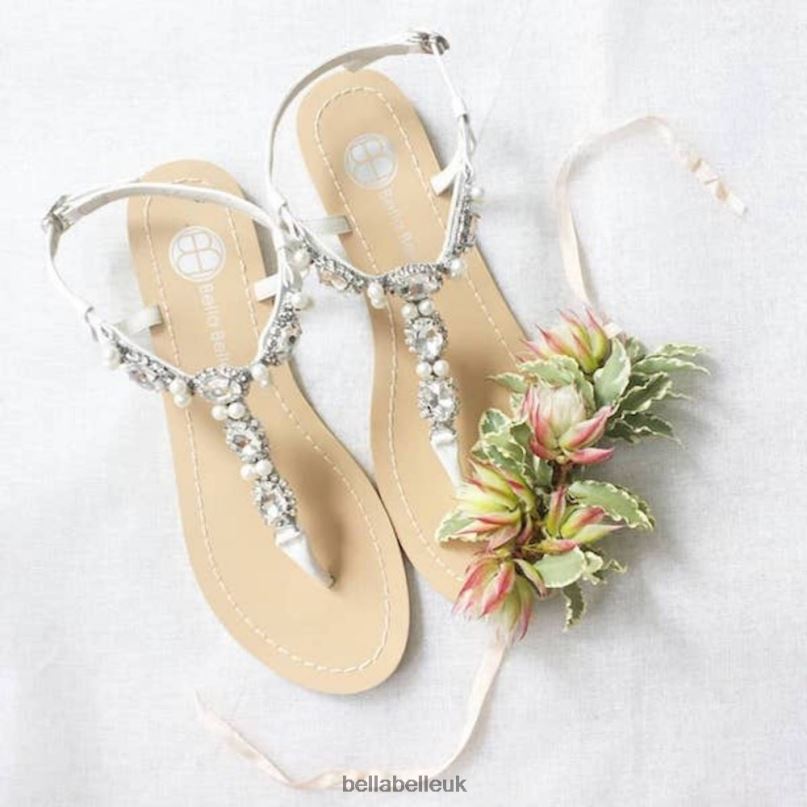 Bella Belle HERA Jewels and Pearl, White Leather Dressy Flat Sandals 2680252