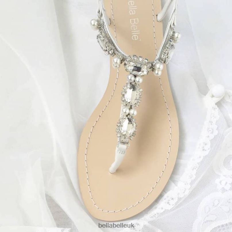 Bella Belle HERA Jewels and Pearl, White Leather Dressy Flat Sandals 2680252