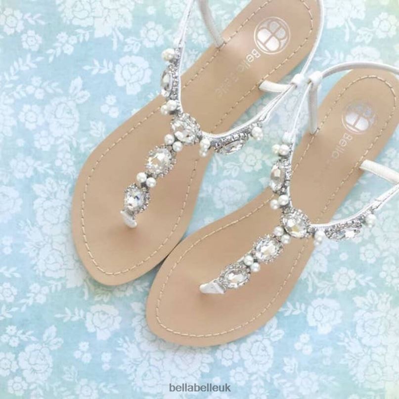 Bella Belle HERA Jewels and Pearl, White Leather Dressy Flat Sandals 2680252
