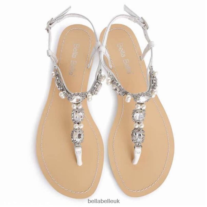Bella Belle HERA Jewels and Pearl, White Leather Dressy Flat Sandals 2680252