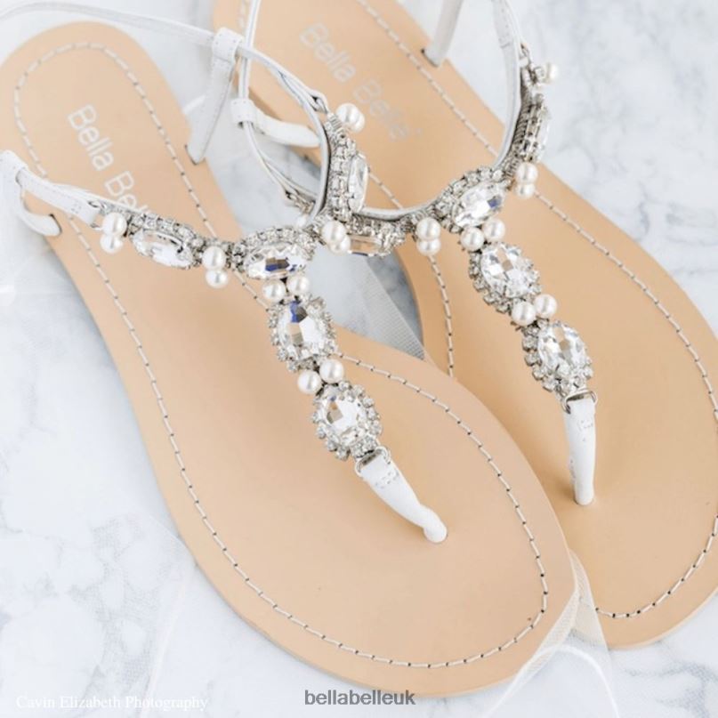 Bella Belle HERA Jewels and Pearl, White Leather Dressy Flat Sandals 2680252