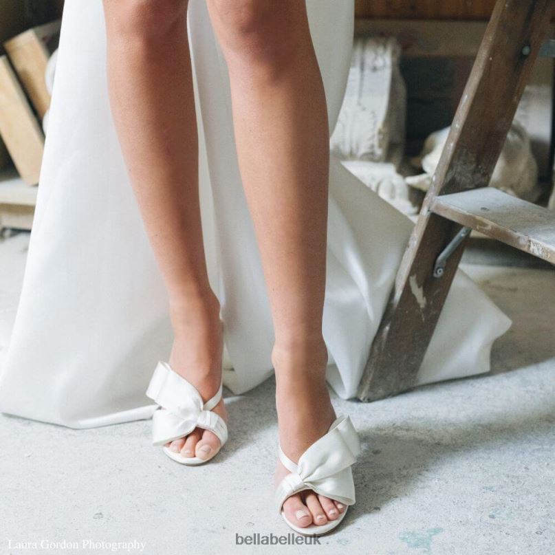 Bella Belle IMANI Ivory Low Block Heel Mules with Asymmetric Bows 2680290