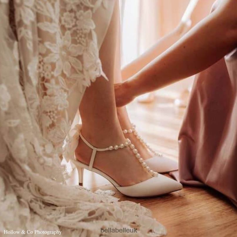 Bella Belle LUCIA T-Strap Pearl Kitten Heels with Silk Ankle Bow 2680243