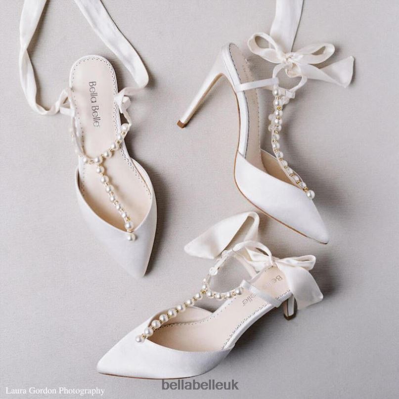 Bella Belle LUCIA T-Strap Pearl Kitten Heels with Silk Ankle Bow 2680243