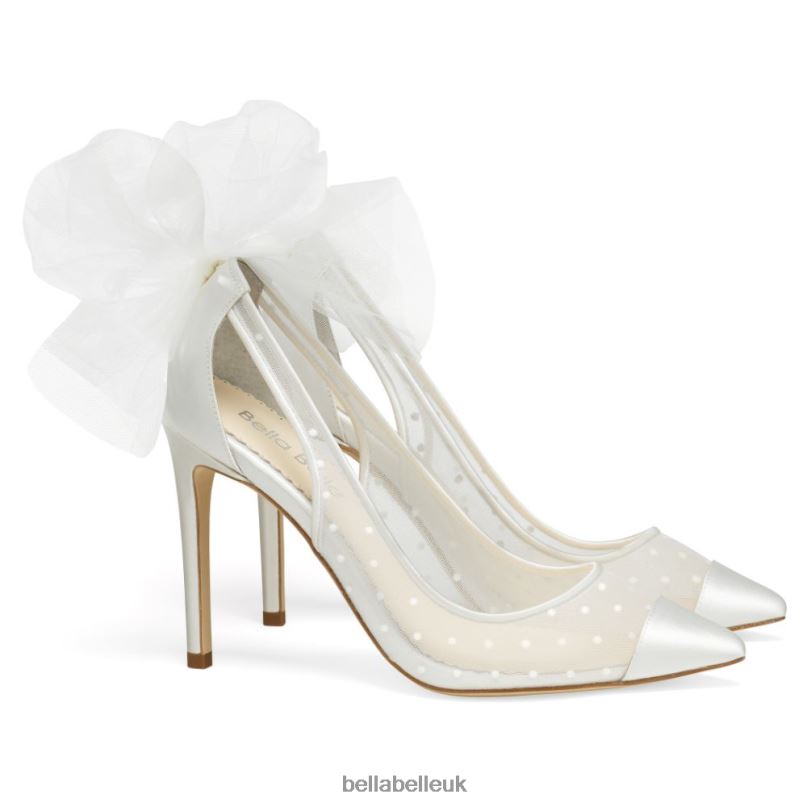 Bella Belle MATILDA IVORY Swiss dot Illusion Mesh Tulle Heels with Bow 2680272