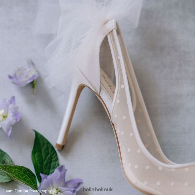 Bella Belle MATILDA IVORY Swiss dot Illusion Mesh Tulle Heels with Bow 2680272