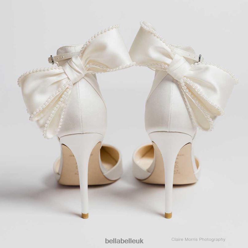 Bella Belle MIRABELLE Ivory Ankle Strap Pearl Bow Heels 2680282