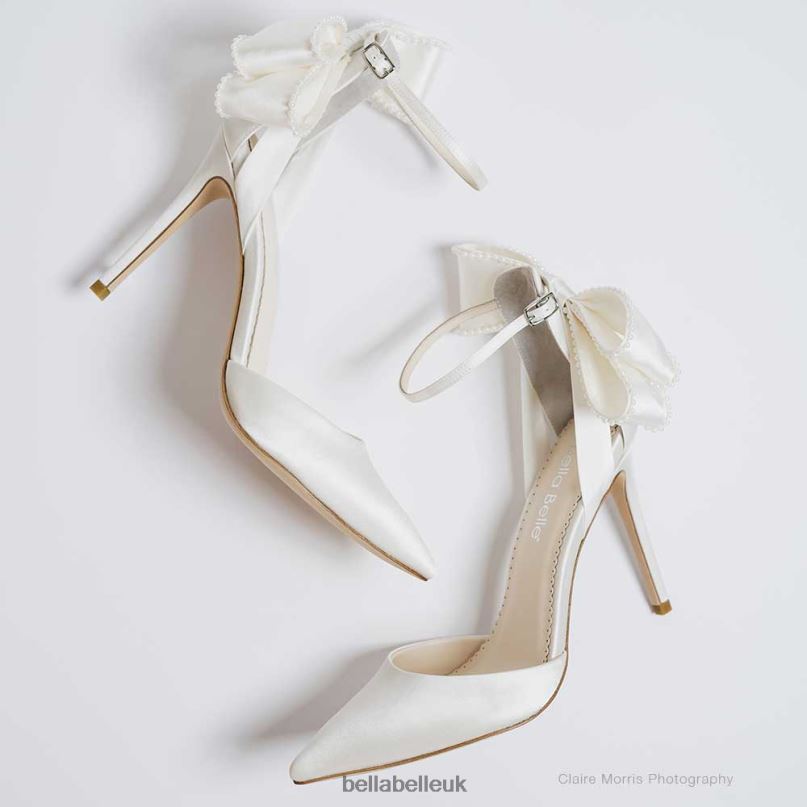 Bella Belle MIRABELLE Ivory Ankle Strap Pearl Bow Heels 2680282