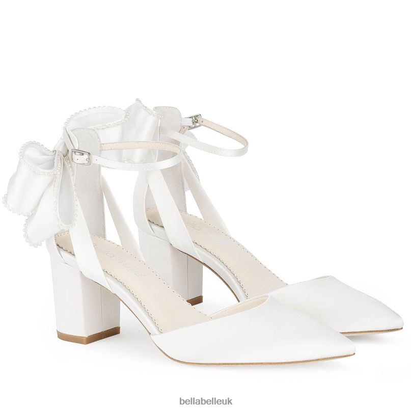 Bella Belle MOLLY Ivory Ankle Strap Pearl Bow Block Heels 2680264
