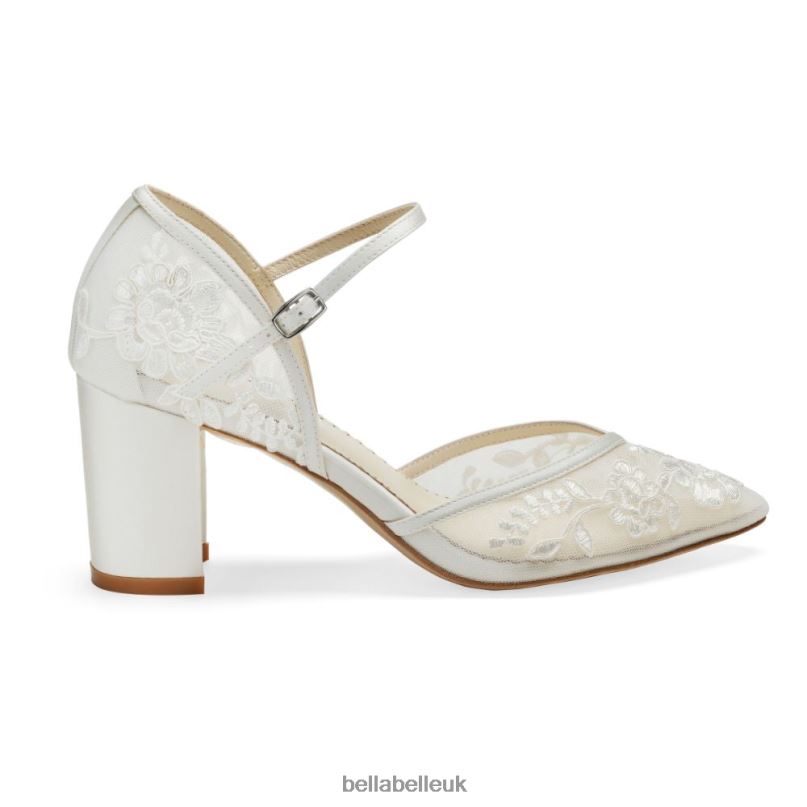 Bella Belle CHELSEA IVORY Floral Illusion Mesh Low Block Wedding Heels 2680213