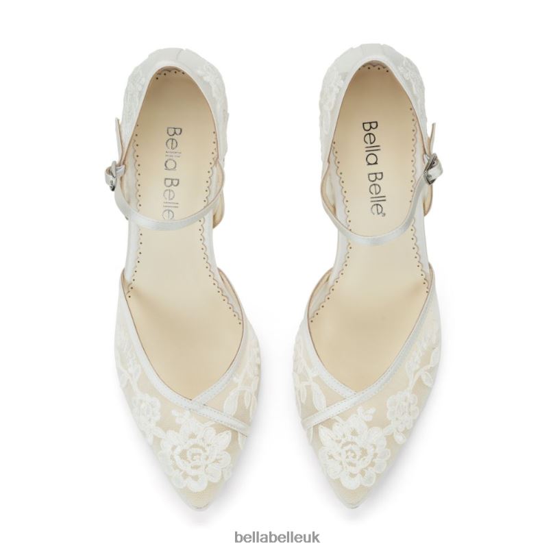 Bella Belle CHELSEA IVORY Floral Illusion Mesh Low Block Wedding Heels 2680213