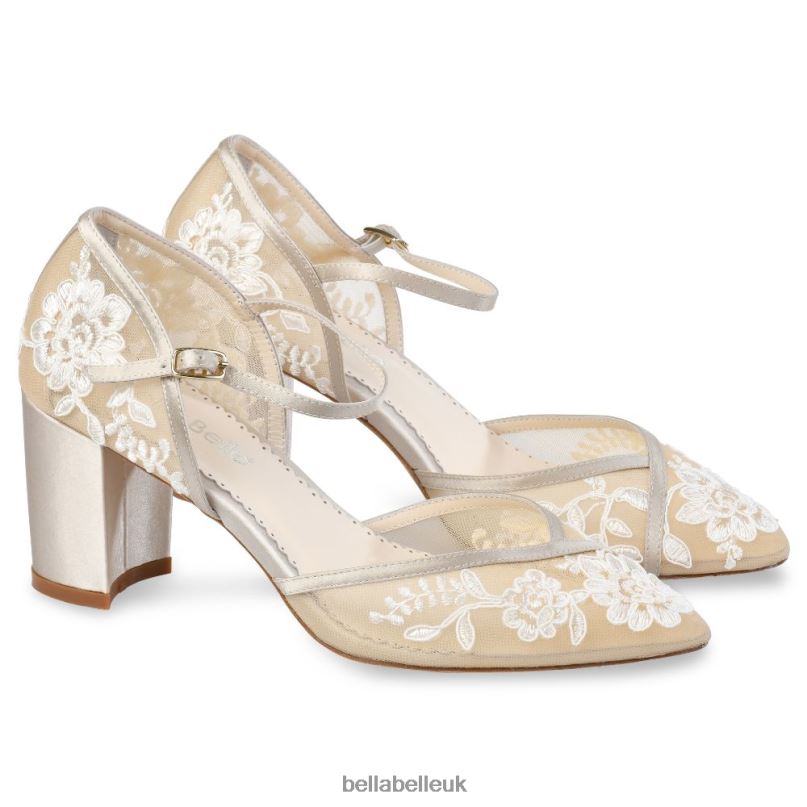 Bella Belle CHELSEA Lace Print Illusion Mesh Nude Block Heels 268028