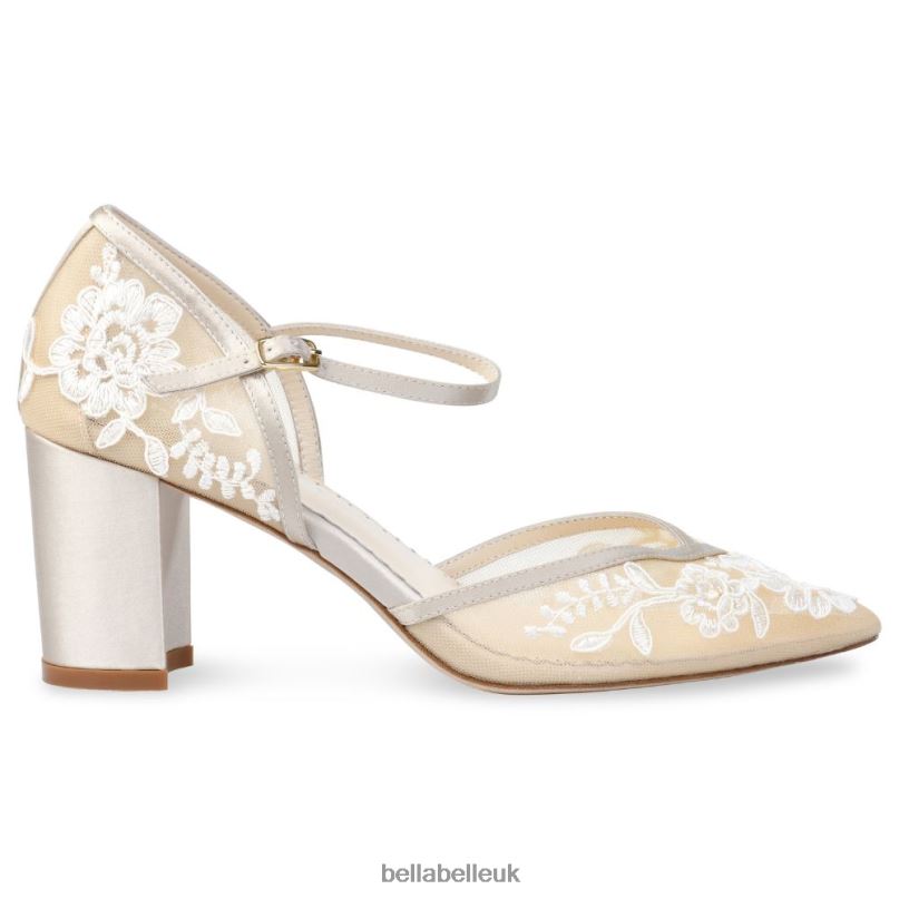 Bella Belle CHELSEA Lace Print Illusion Mesh Nude Block Heels 268028