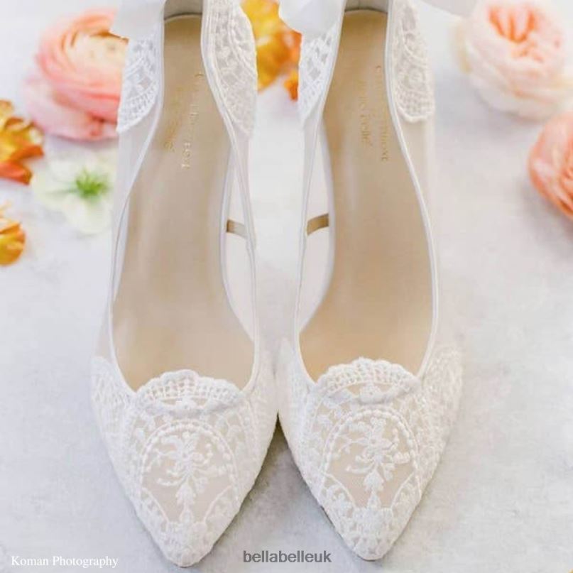 Bella Belle GISELLE Ivory Lace Boho Wedding Heels with Ribbon Tie 2680211