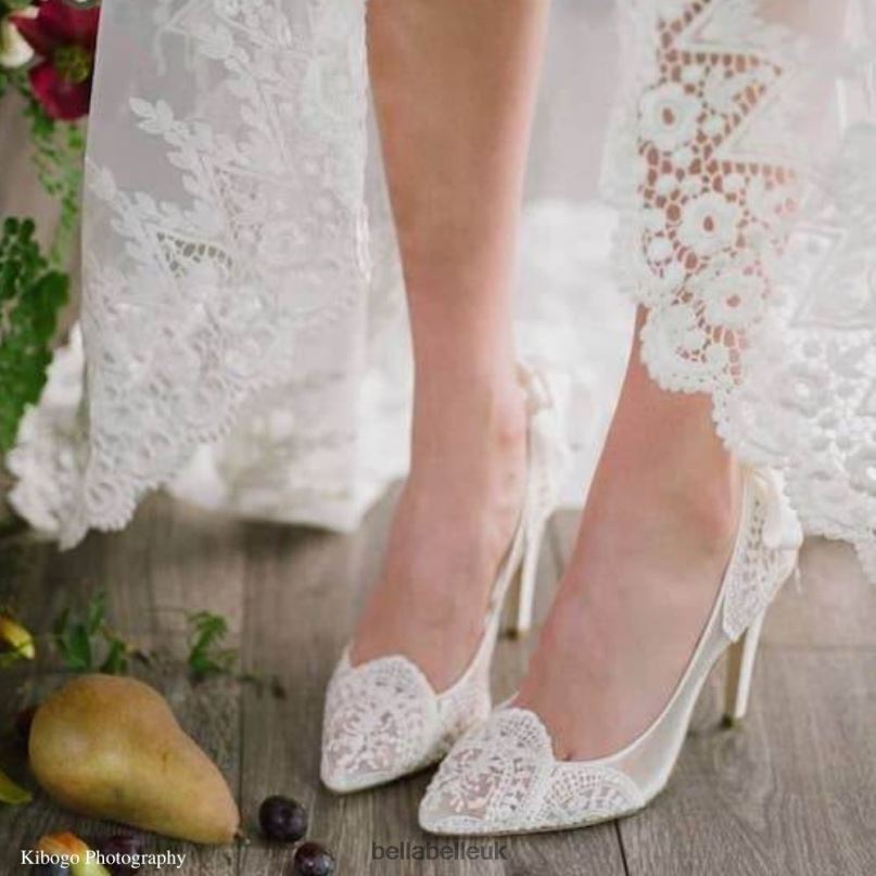 Bella Belle GISELLE Ivory Lace Boho Wedding Heels with Ribbon Tie 2680211
