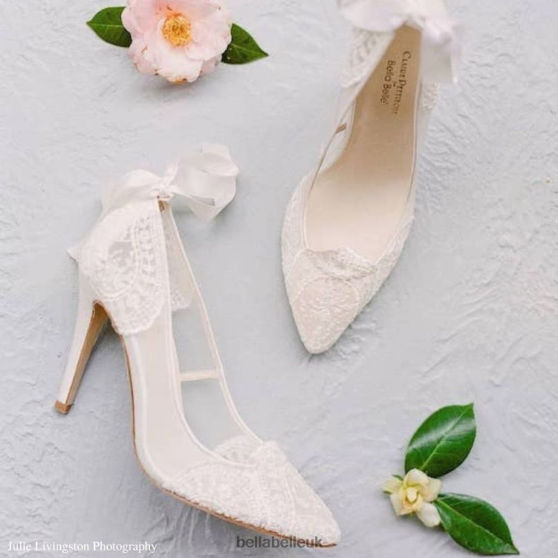 Bella Belle GISELLE Ivory Lace Boho Wedding Heels with Ribbon Tie 2680211