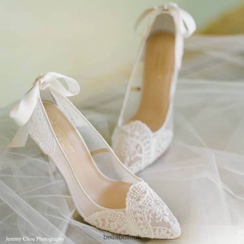 Bella Belle GISELLE Ivory Lace Boho Wedding Heels with Ribbon Tie 2680211