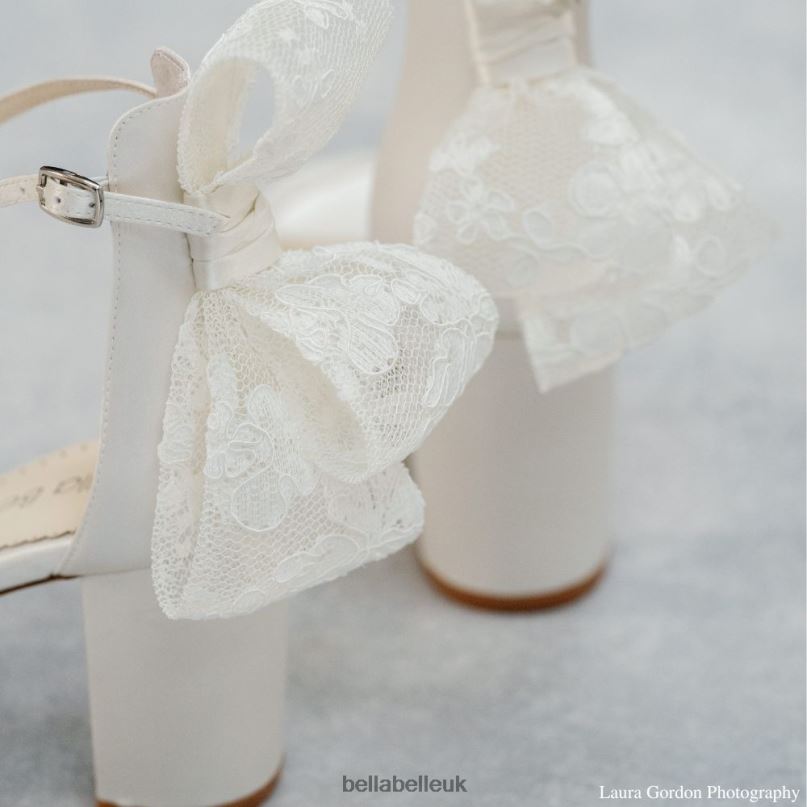 Bella Belle LAURIE Ivory Lace Open Toe Block Heels with Bow 2680229