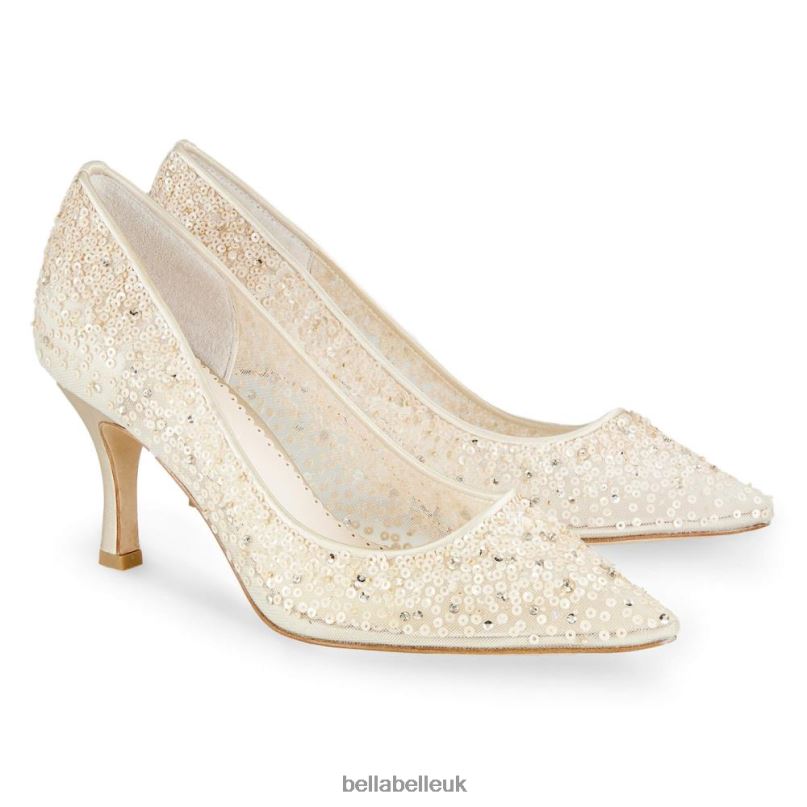 Bella Belle EVELYN NUDE Illusion Mesh Embroidered Crystal & Sequin Sparkly Nude Heels 26802122