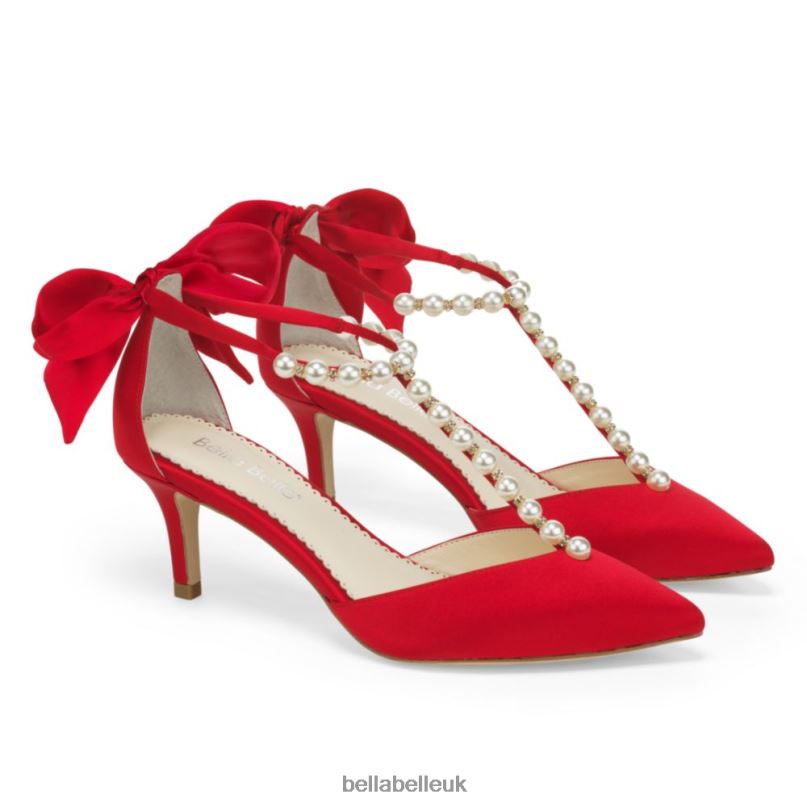 Bella Belle LISA RED Red Kitten Heels with Pearl T Straps and Bows 26802128