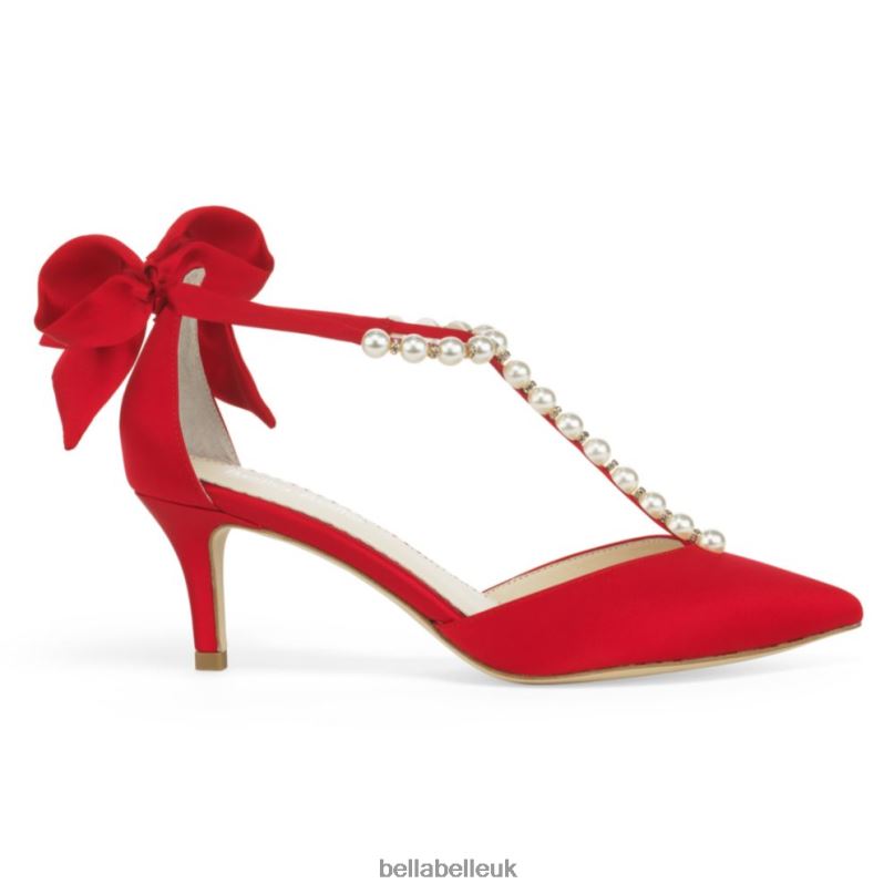 Bella Belle LISA RED Red Kitten Heels with Pearl T Straps and Bows 26802128