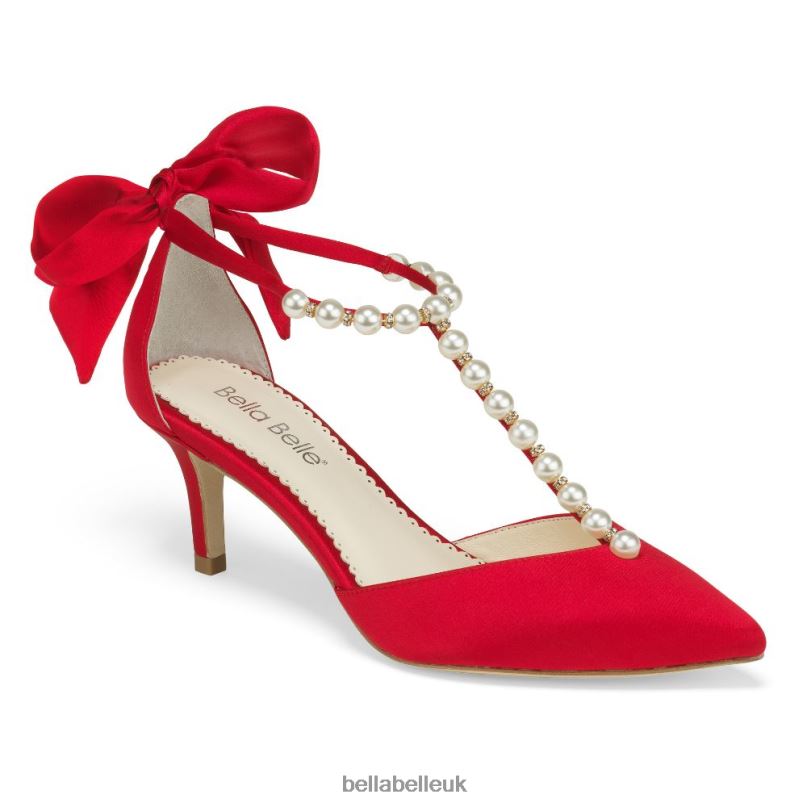 Bella Belle LISA RED Red Kitten Heels with Pearl T Straps and Bows 26802128