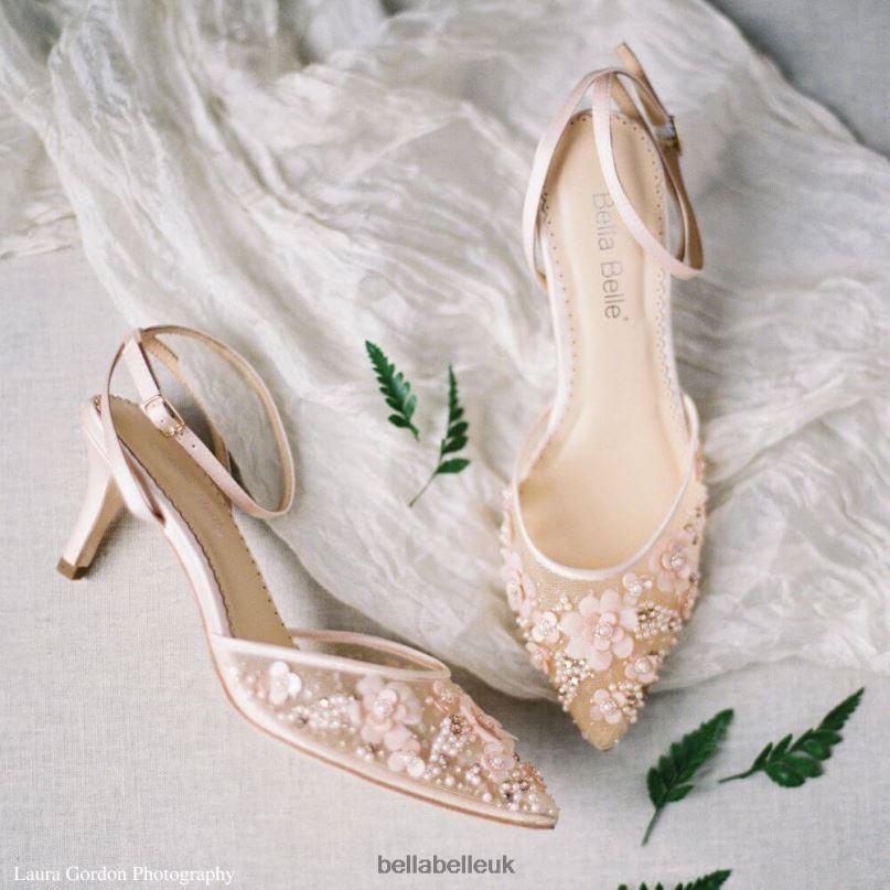 Bella Belle ROSA BLUSH Low Blush Pink Heels with 3D Flowers and Beading 26802124