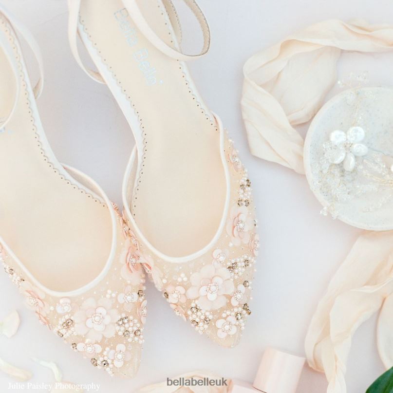 Bella Belle ROSA BLUSH Low Blush Pink Heels with 3D Flowers and Beading 26802124