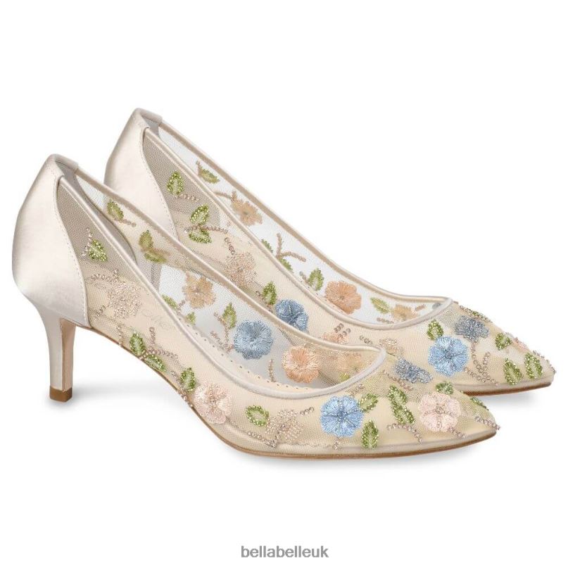 Bella Belle SIERRA Nude Embroidered Floral Kitten Heels 26802126