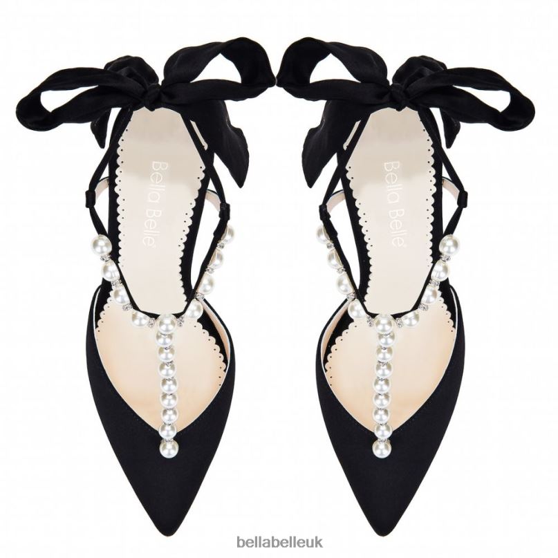 Bella Belle LISBETH BLACK T-Strap Black Heels with Pearls and Ankle Straps 26802144