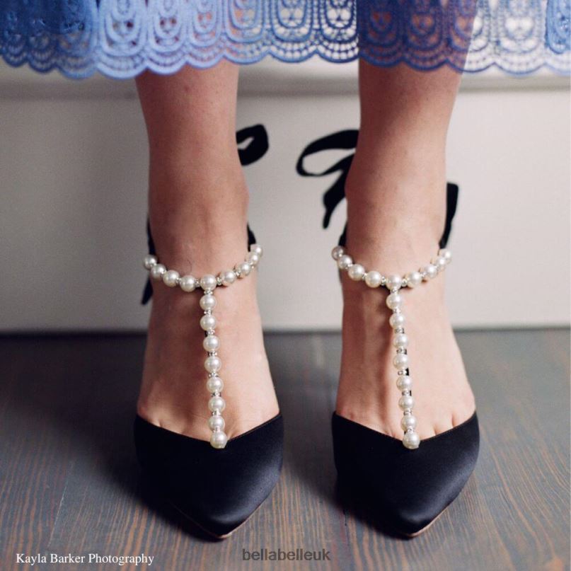 Bella Belle LISBETH BLACK T-Strap Black Heels with Pearls and Ankle Straps 26802144